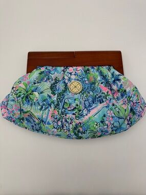 Lilly Pulitzer Bermuda Clutch Tropical Print Wooden-Frame - Blue & Pink
